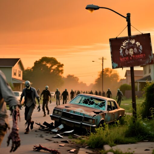 Escena apocalíptica de una ciudad con zombis para la Noche de Terror IX del podcast Martes de Terror.