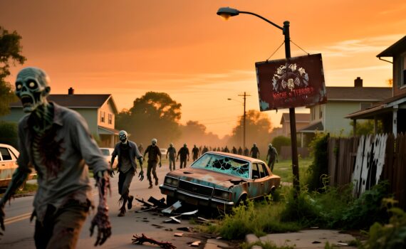 Escena apocalíptica de una ciudad con zombis para la Noche de Terror IX del podcast Martes de Terror.
