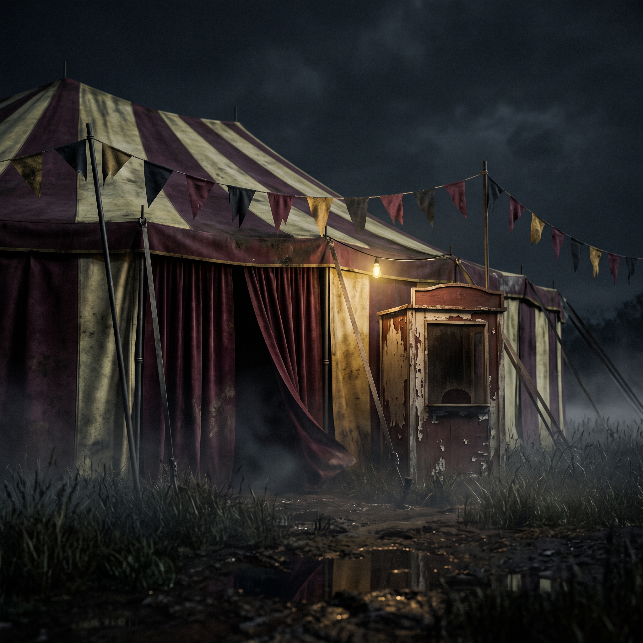 Interior de una carpa de circo abandonada, con telones colgando en penumbra