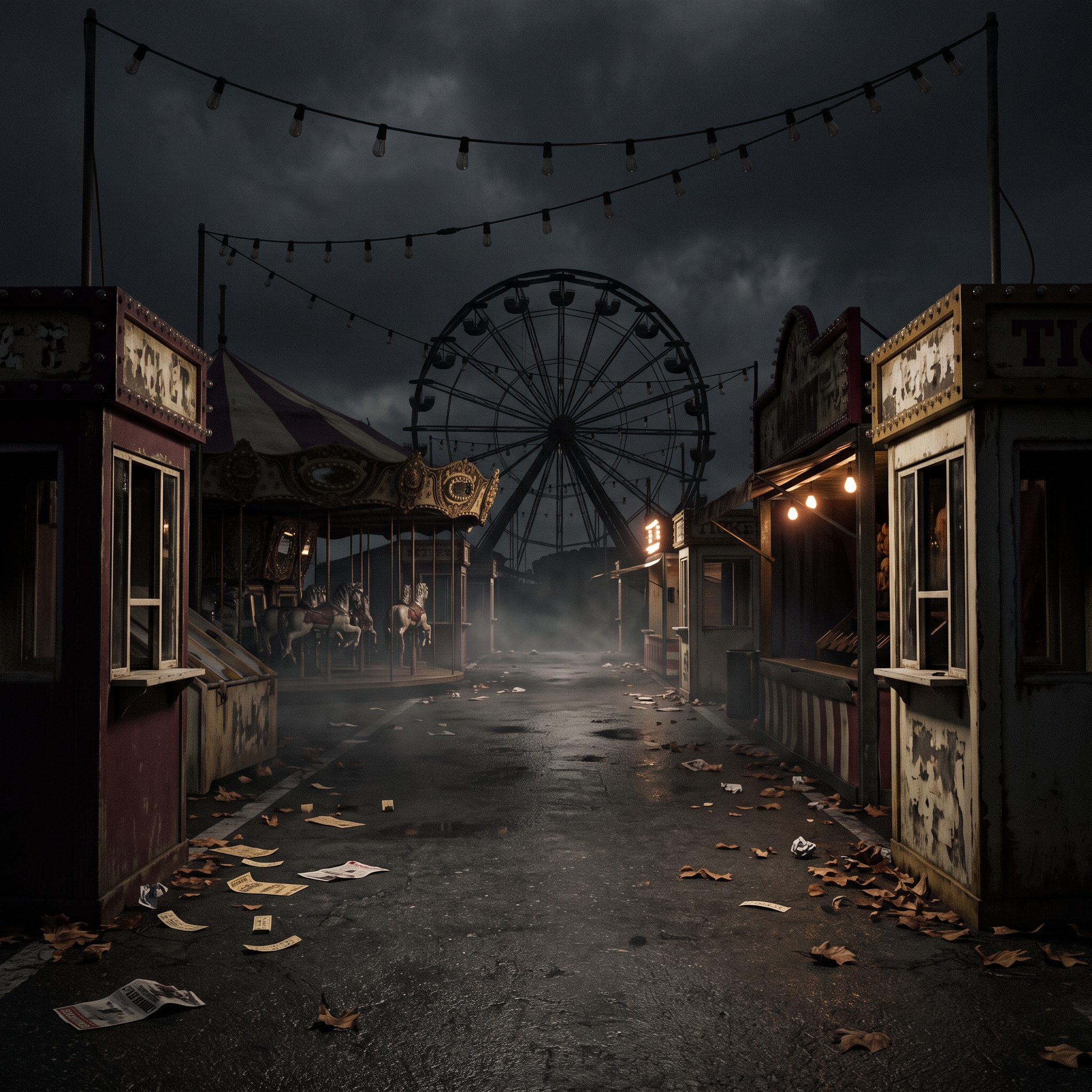 Feria nocturna con atracciones iluminadas y ningún visitante a la vista