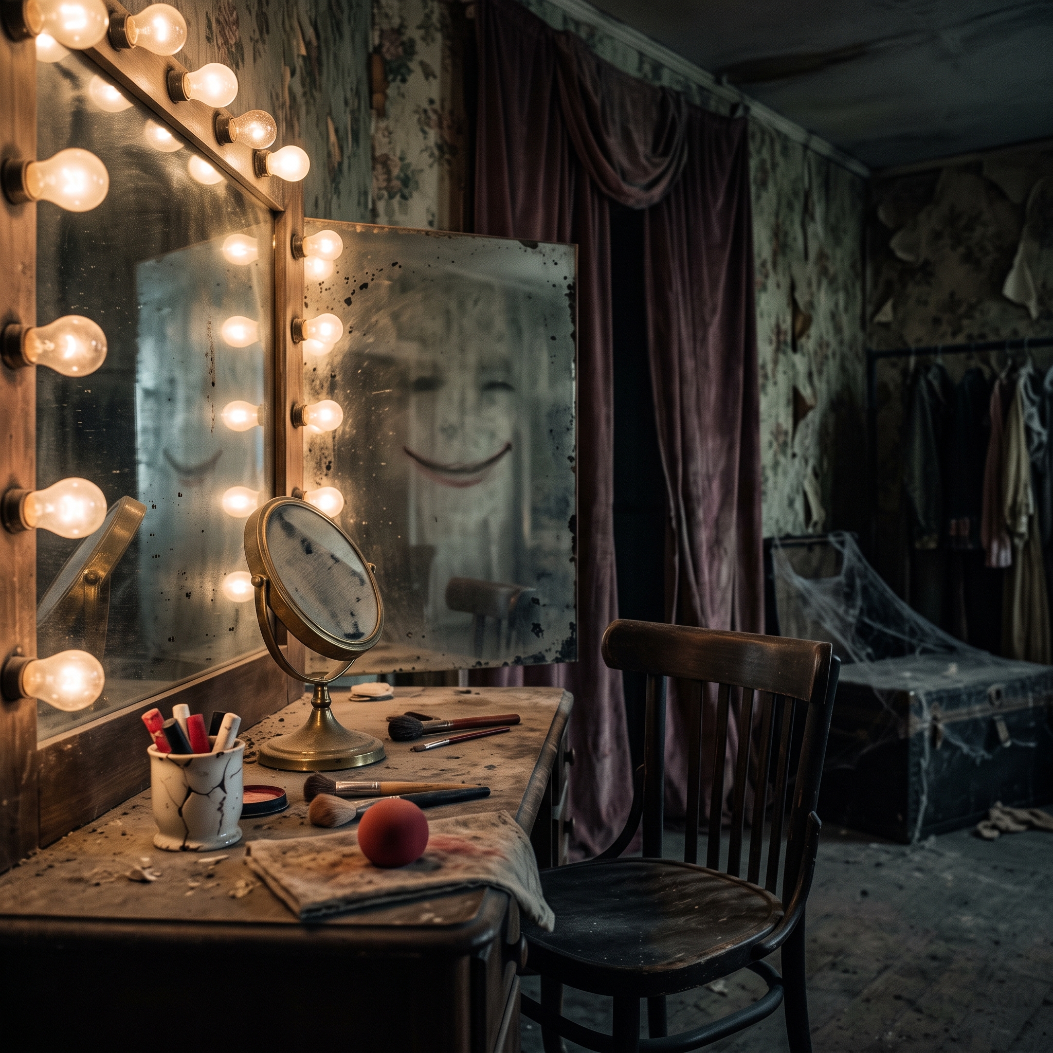 Camerino de circo abandonado con espejo y objetos de maquillaje sobre una mesa