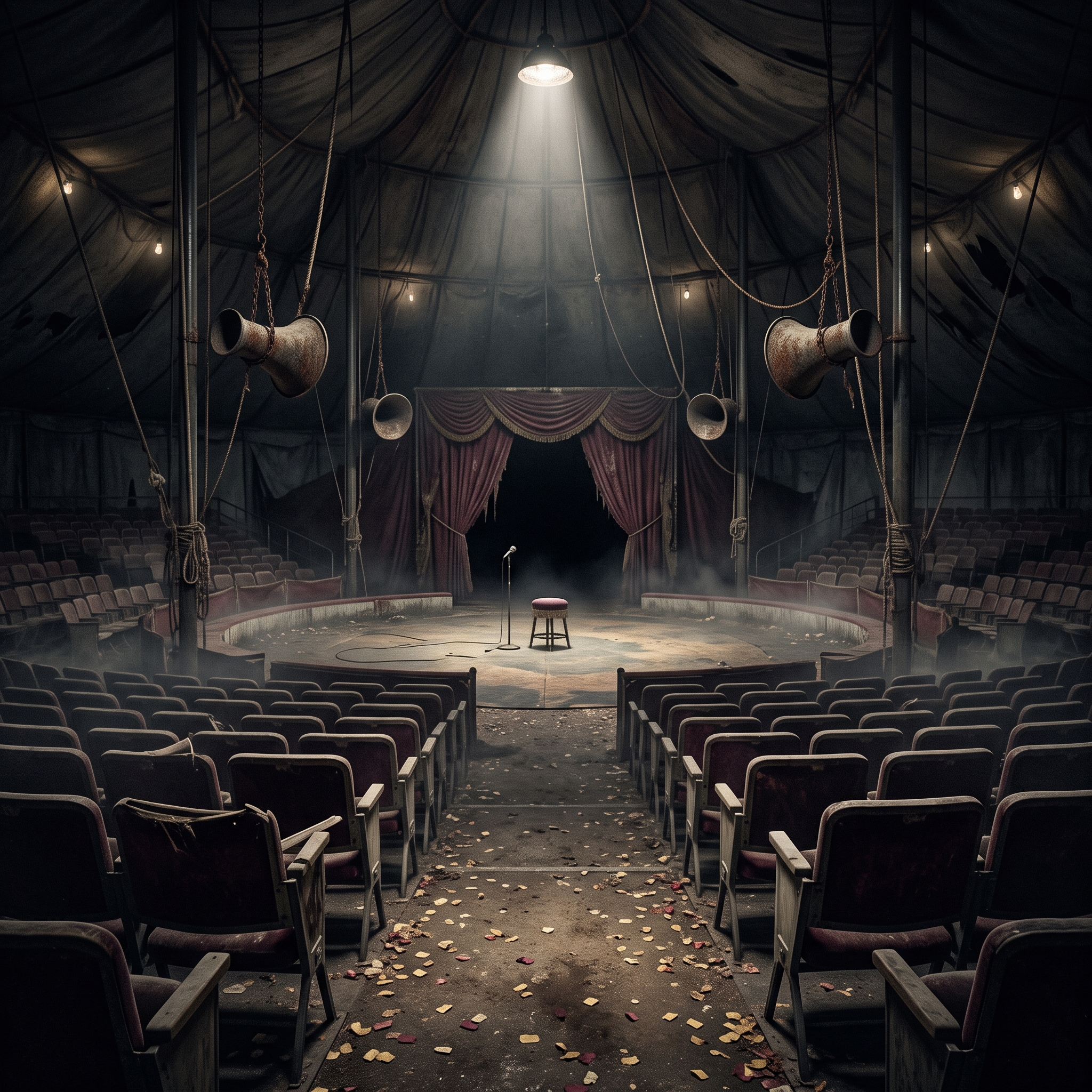 Escena de una función de circo imposible, con asientos vacíos y aplausos sin origen visible
