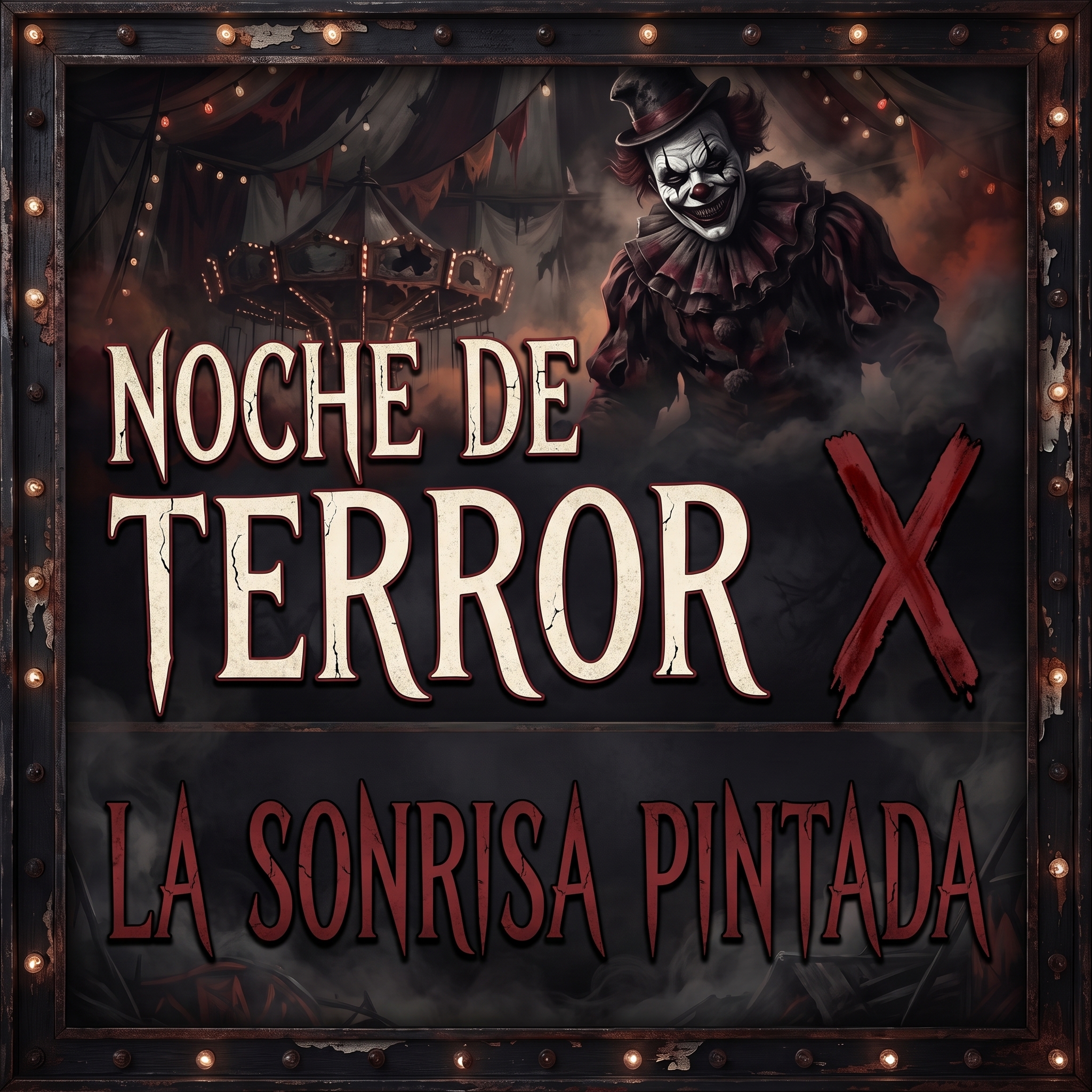 Cartel oficial de Noche de Terror X: La Sonrisa Pintada, con la ilustración de una sonrisa pintada sobre fondo de carpa de circo